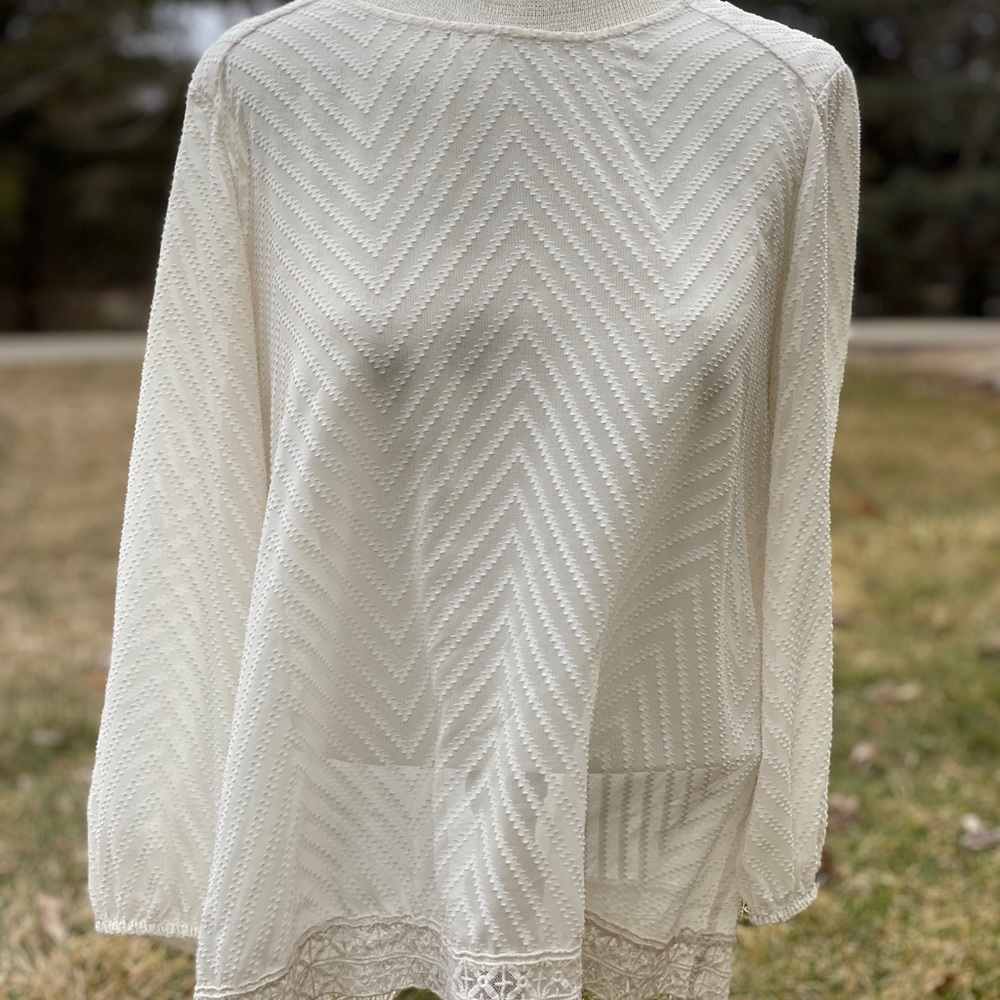 Creamy chevron, sheer Blouse with lace trim